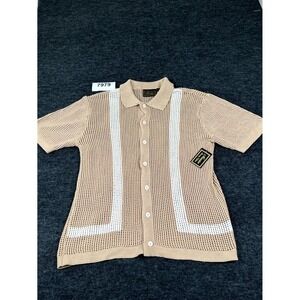 Massive Luxury Edition Shirt Mens XL Beige White Open Knit Button Up Casual